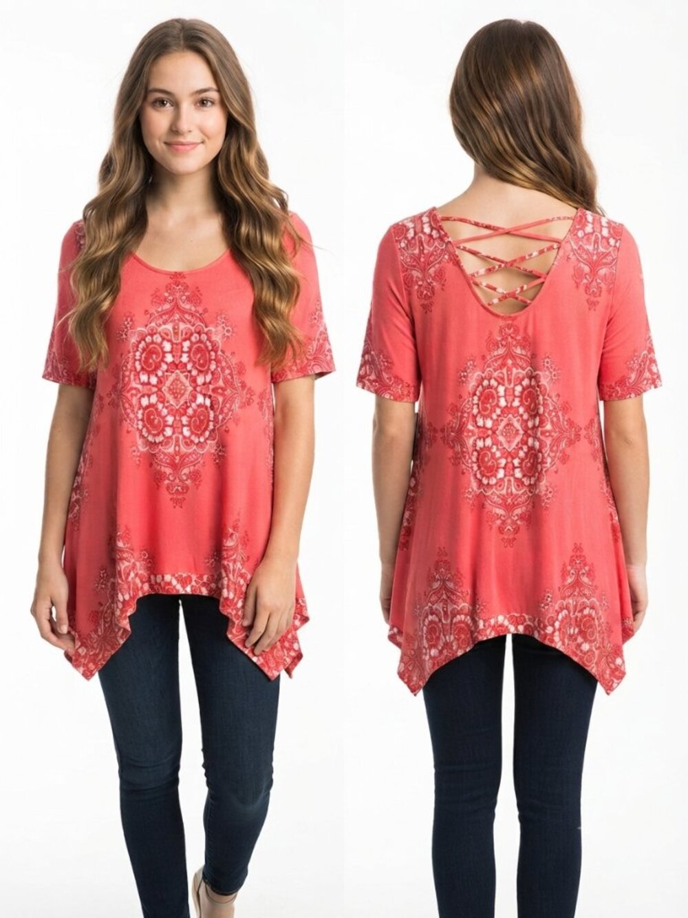 New Directions Women's Red Paisley Boho Tunic Top Size Large Criss Cross Back